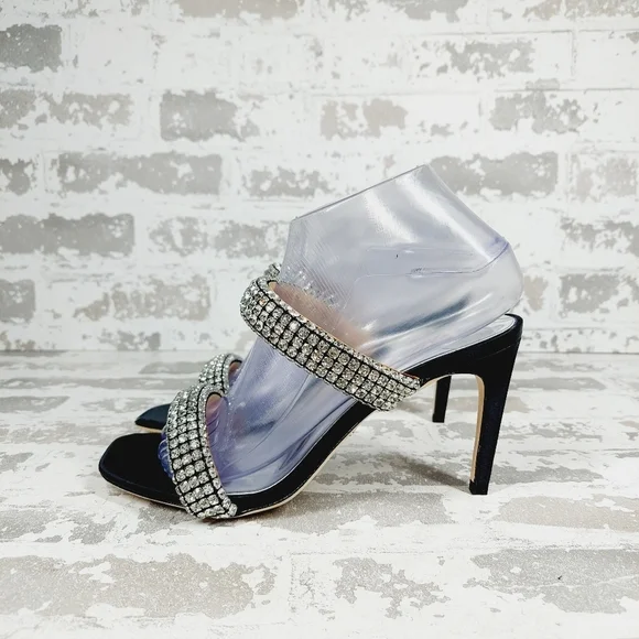 New Badgley Mischka Sade Black Rhinestone Strap Heeled Sandals K1023 - Picture 1 of 11